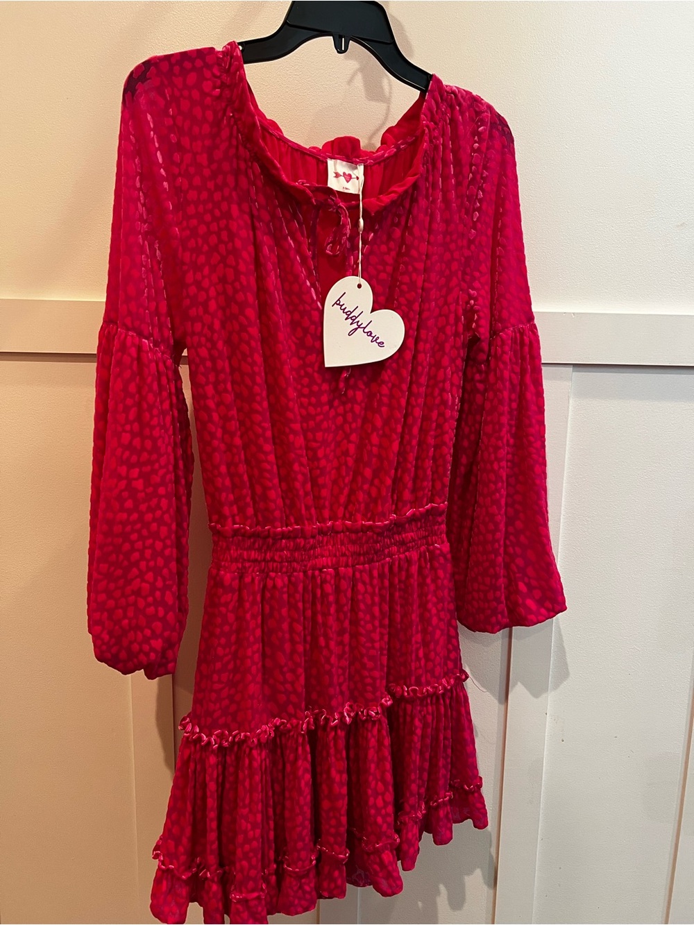 Buddy Love Long Sleeve Ruffle Tiered Mini Dress in Bright Pink